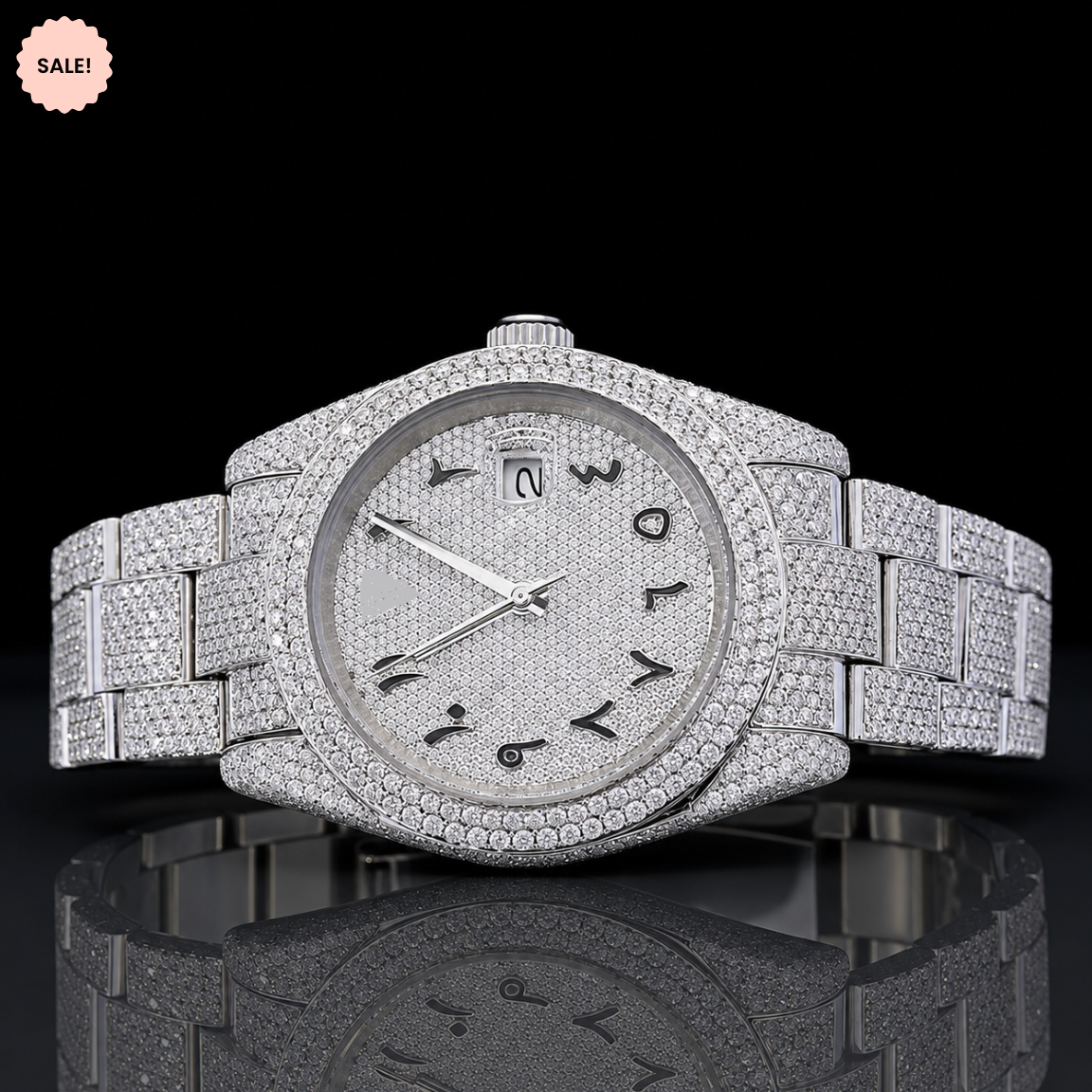 Iced-out Moissanite automatic watch with Black Arabic Numerals - Silver