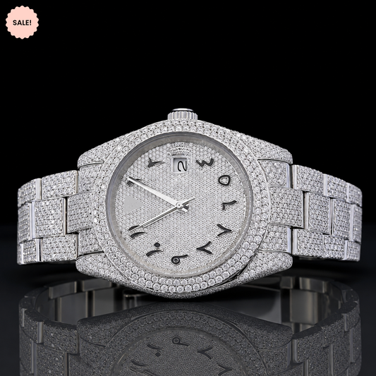 Iced-out Moissanite automatic watch with Black Arabic Numerals - Silver