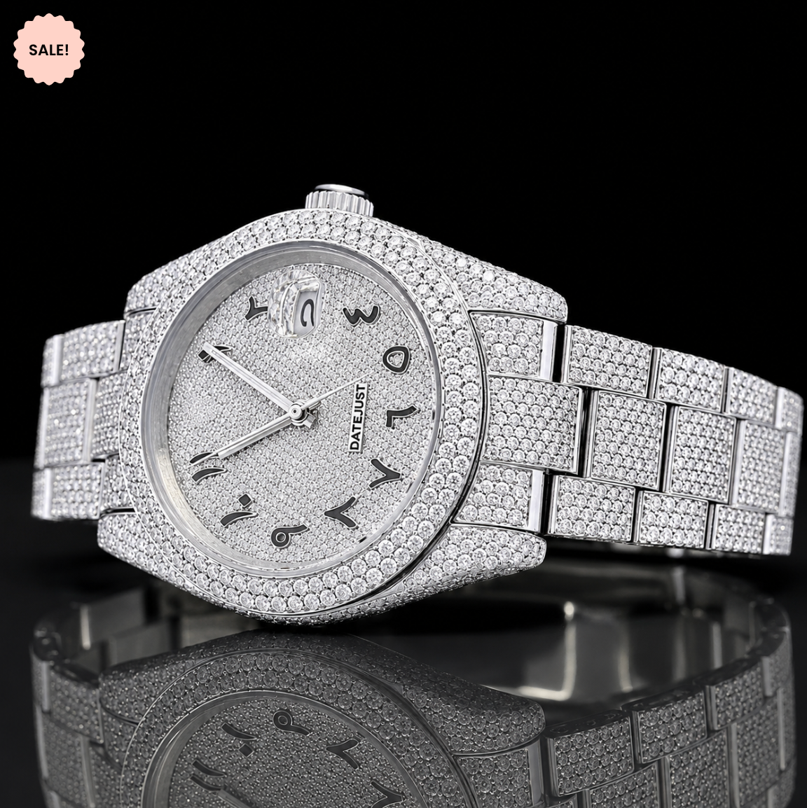 Iced-out Moissanite automatic watch with Black Arabic Numerals - Silver