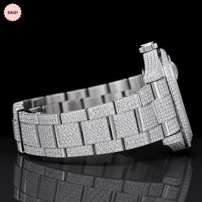 Iced-out Moissanite automatic watch with Black Arabic Numerals - Silver