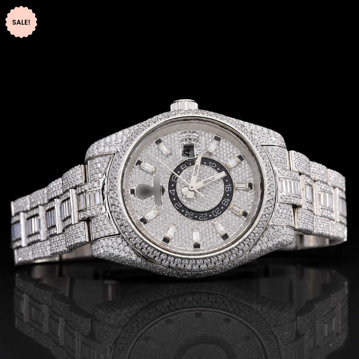 Fully Iced-out Moissanite watch with Baguette Stick Markers
