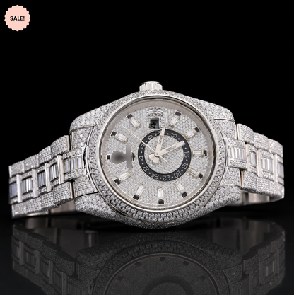 Fully Iced-out Moissanite watch with Baguette Stick Markers