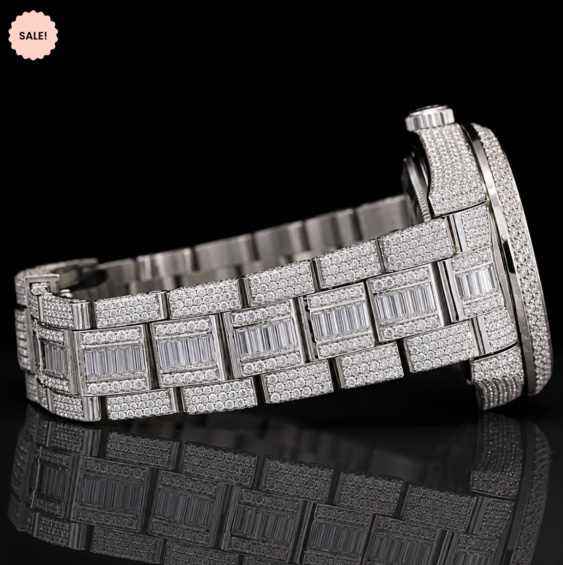 Fully Iced-out Moissanite watch with Baguette Stick Markers