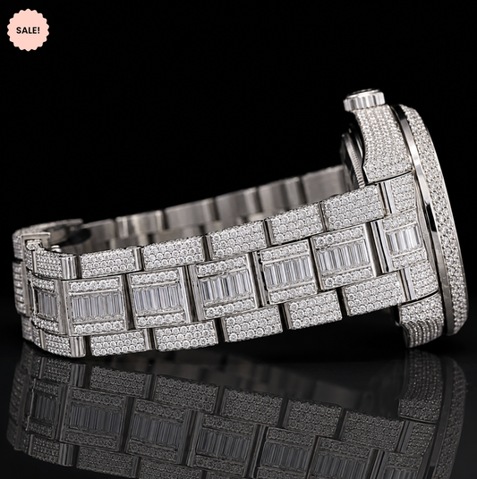 Fully Iced-out Moissanite watch with Baguette Stick Markers