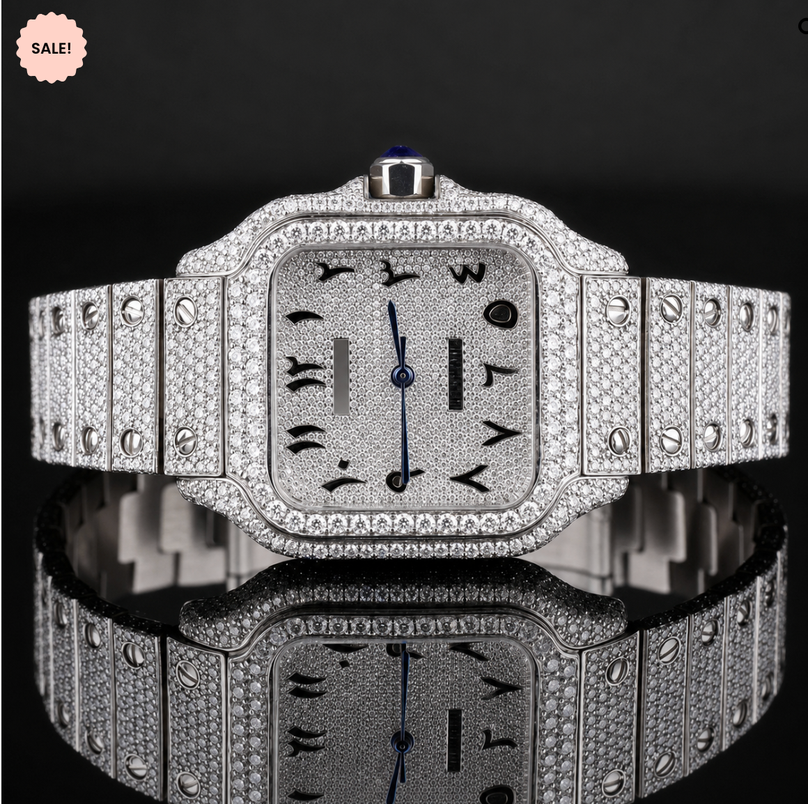 Iced-out Moissanite Watch with Black Arabic Numerals