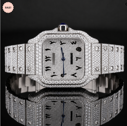 Iced-out Moissanite Watch with Black Arabic Numerals