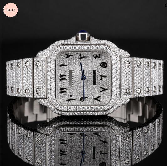Iced-out Moissanite Watch with Black Arabic Numerals