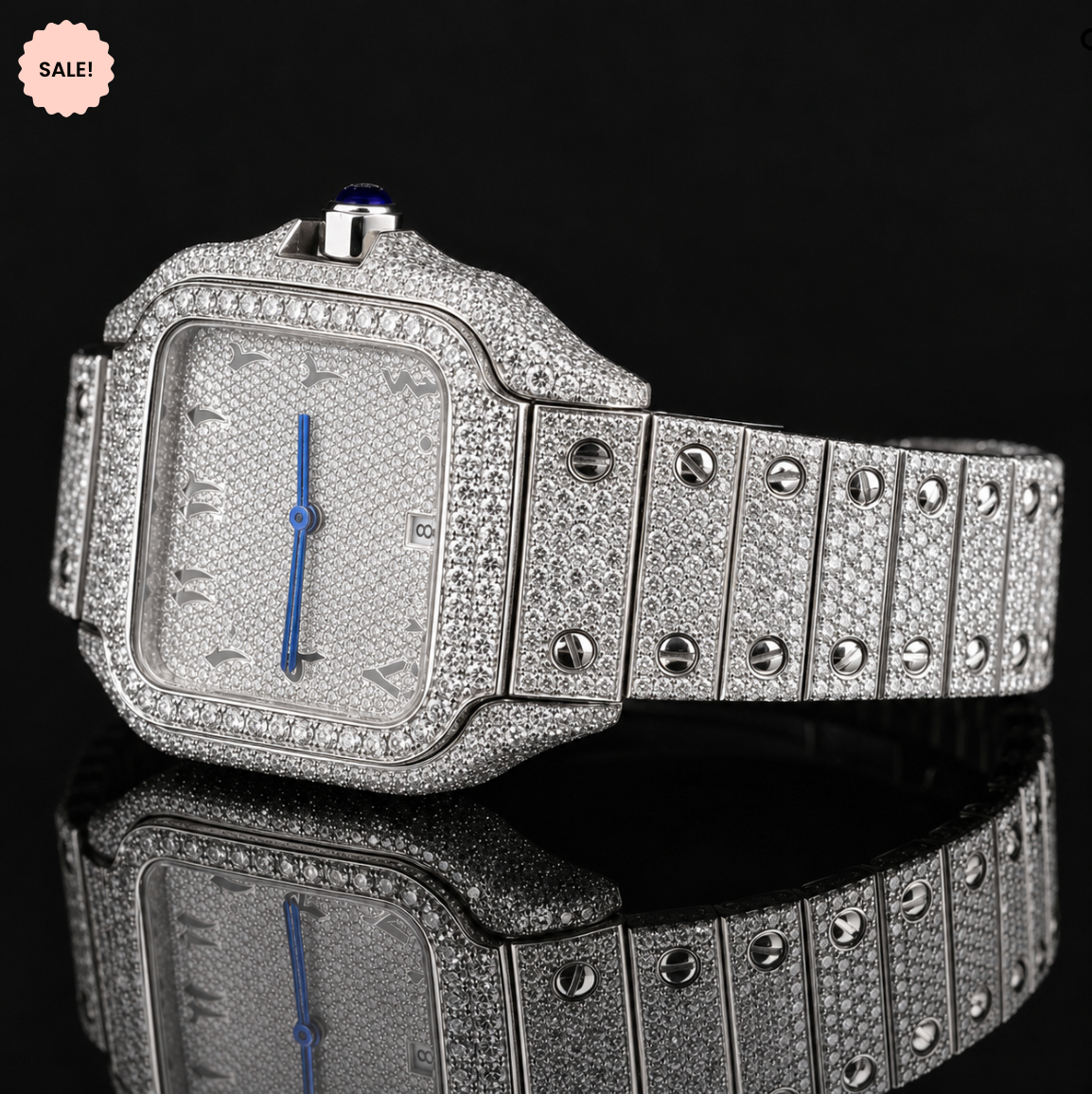 Iced-out Moissanite Watch with Black Arabic Numerals