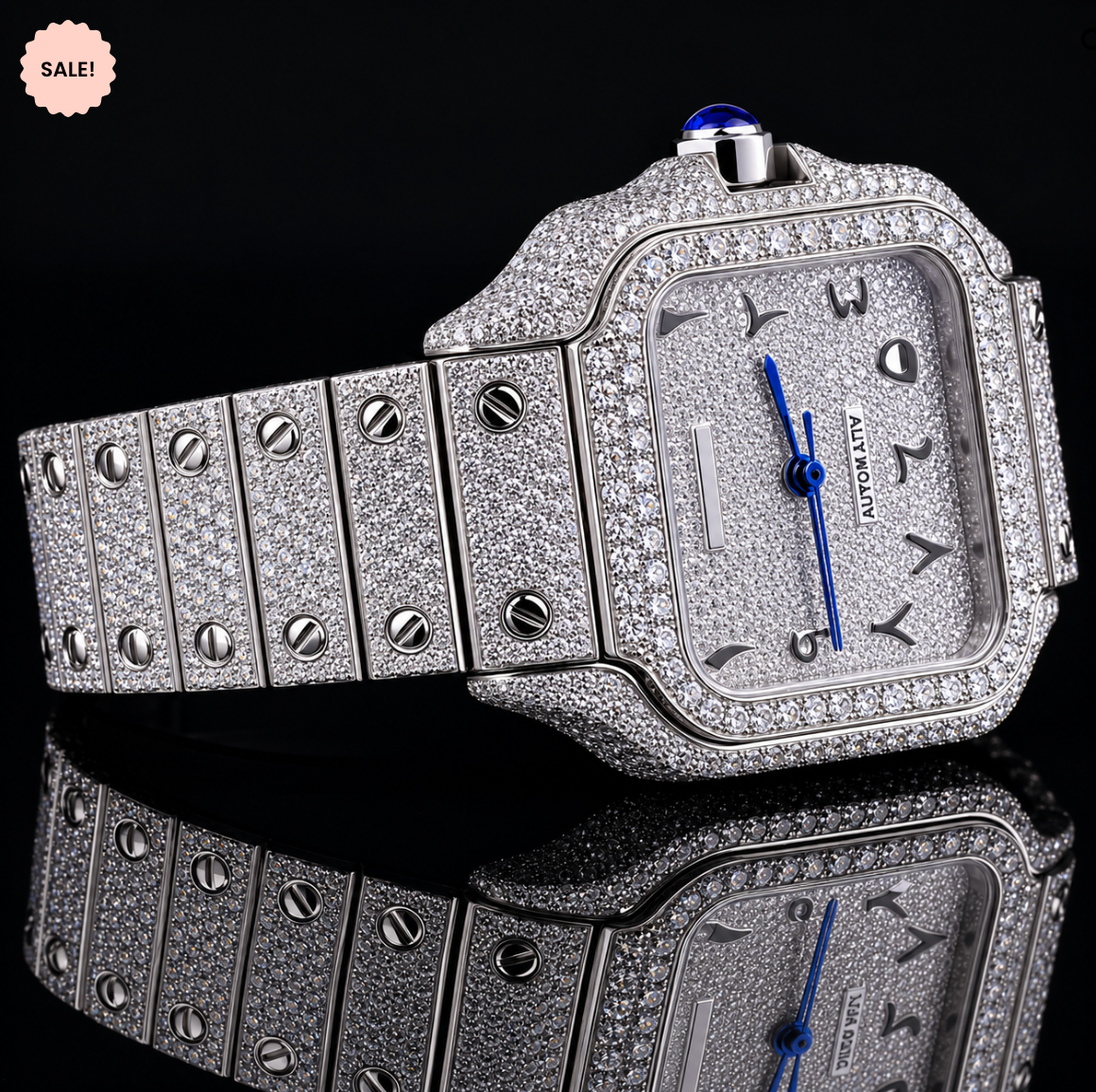 Iced-out Moissanite Watch with Black Arabic Numerals