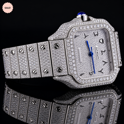 Iced-out Moissanite Watch with Black Arabic Numerals