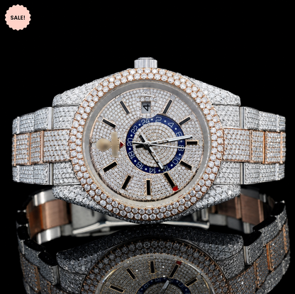Two Tone VVS Moissanite Watch with Black Stick Markers - Silver/Gold/Rose-Gold