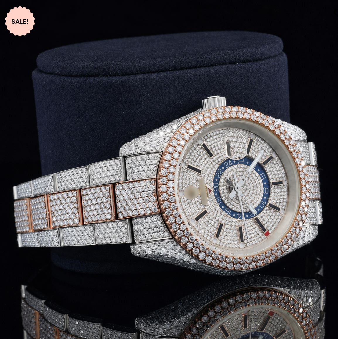 Two Tone VVS Moissanite Watch with Black Stick Markers - Silver/Gold/Rose-Gold