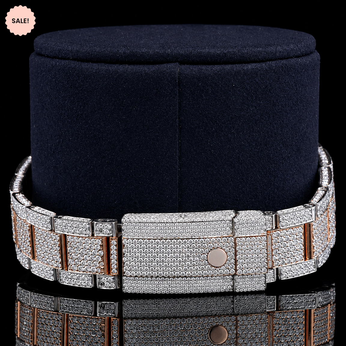 Two Tone VVS Moissanite Watch with Black Stick Markers - Silver/Gold/Rose-Gold