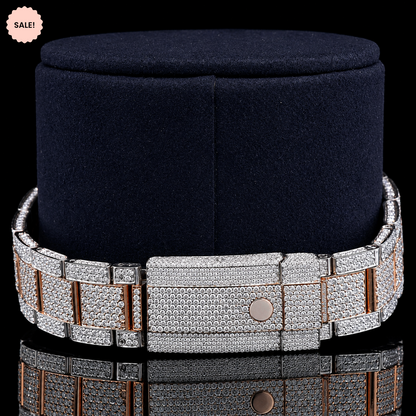 Two Tone VVS Moissanite Watch with Black Stick Markers - Silver/Gold/Rose-Gold