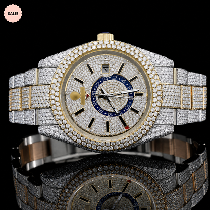 Two Tone VVS Moissanite Watch with Black Stick Markers - Silver/Gold/Rose-Gold