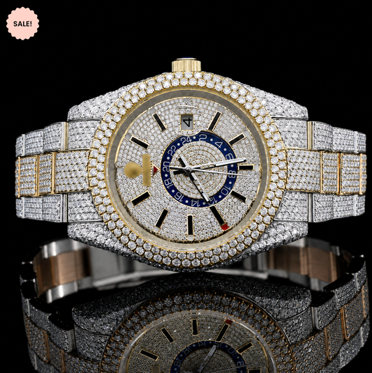 Two Tone VVS Moissanite Watch with Black Stick Markers - Silver/Gold/Rose-Gold