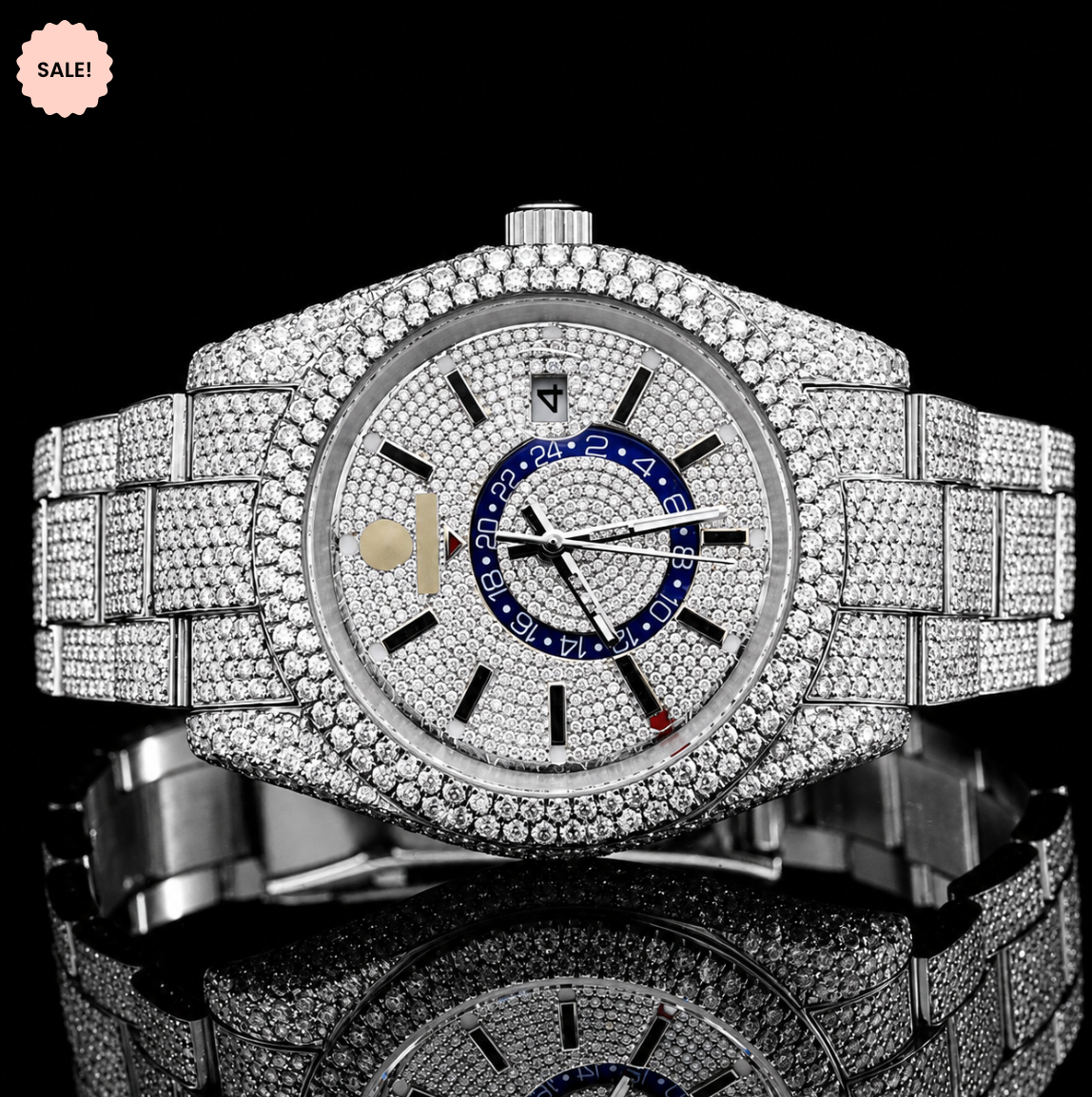 Two Tone VVS Moissanite Watch with Black Stick Markers - Silver/Gold/Rose-Gold