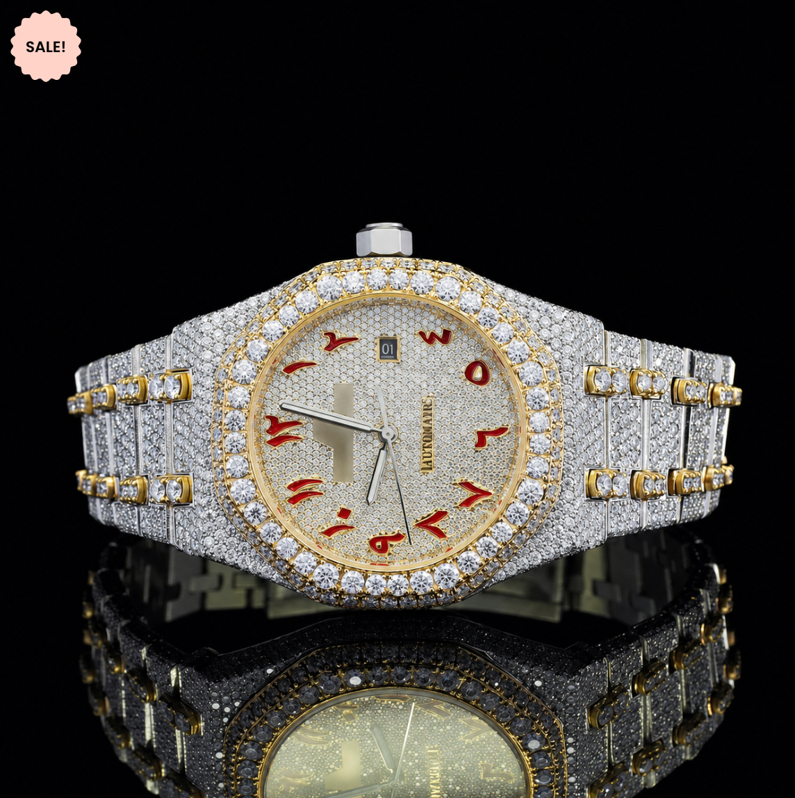 Red Arabic Numerals Two Tone VVS Moissanite Watch