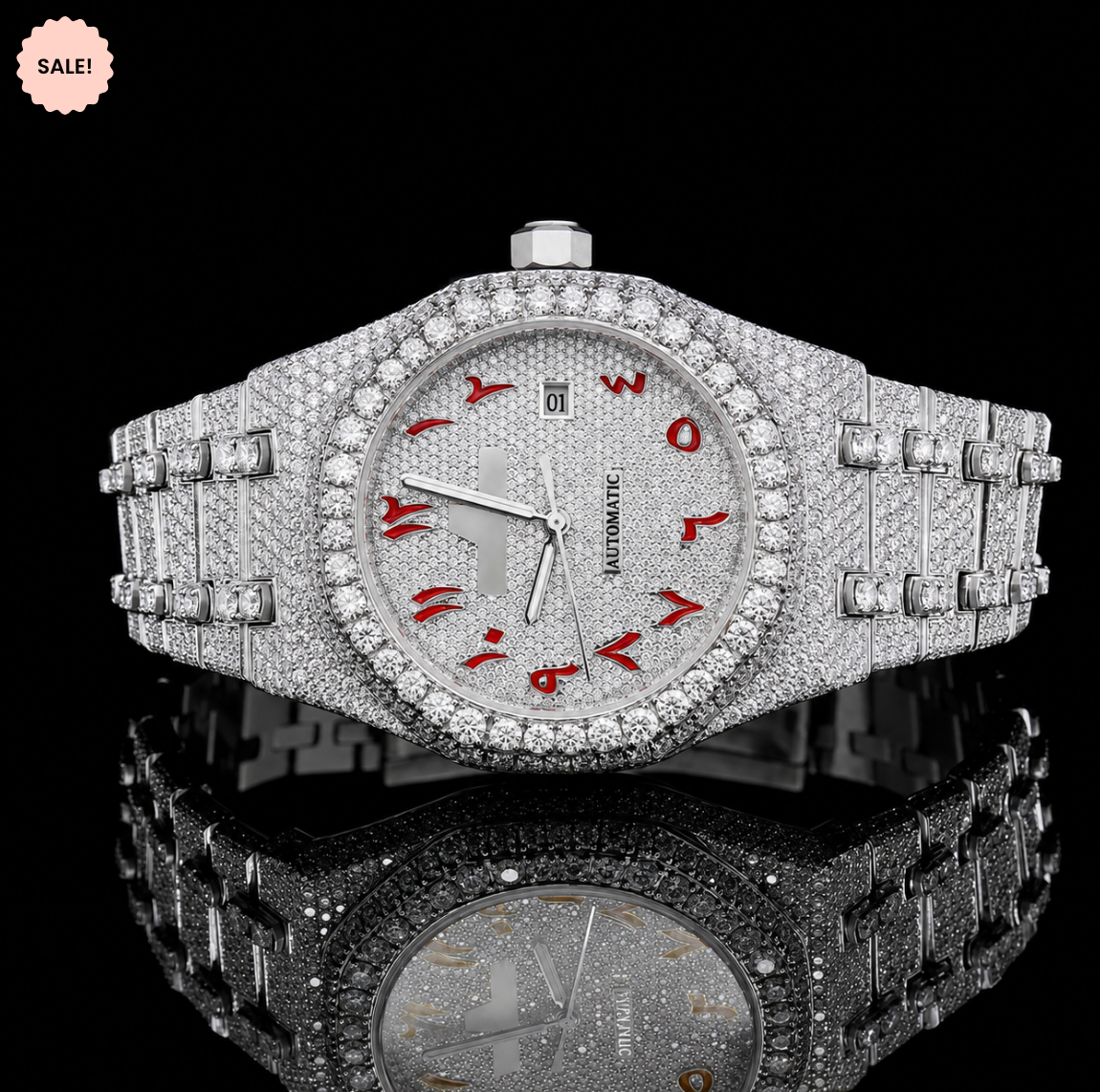 Red Arabic Numerals Two Tone VVS Moissanite Watch