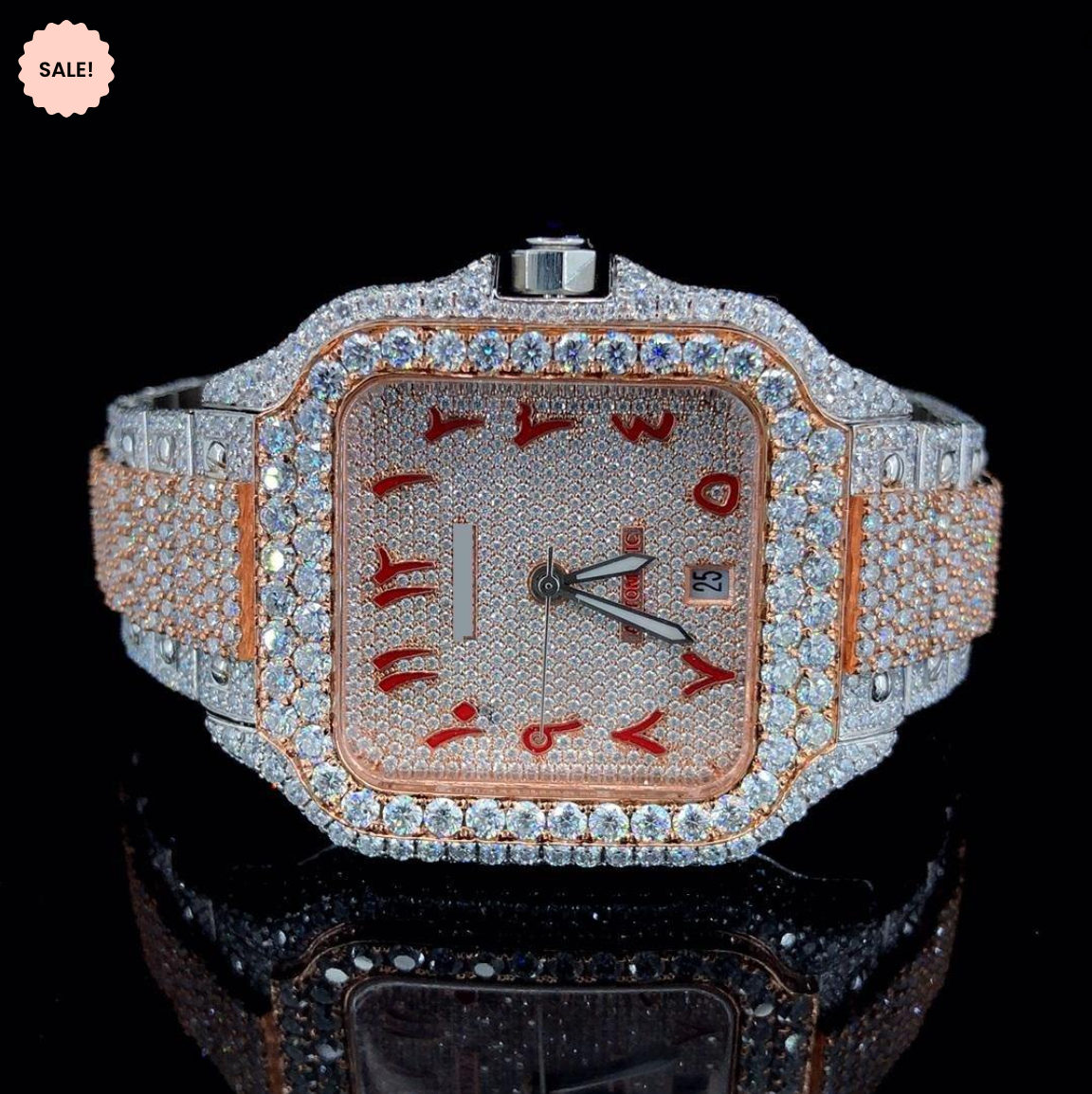 Red Arabic Numerals Two-tone Bust Down Moissanite Watch - Rose Gold