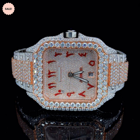 Red Arabic Numerals Two-tone Bust Down Moissanite Watch - Rose Gold