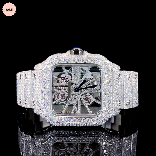Square Model Skeleton Moissanite Watch For Men – White Gold Tone