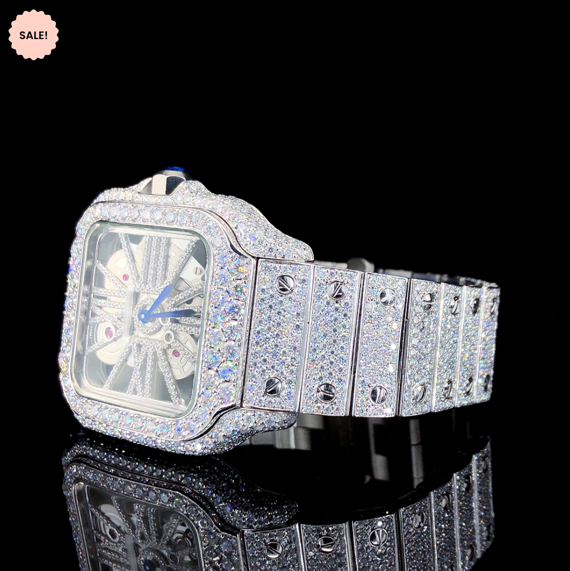 Square Model Skeleton Moissanite Watch For Men – White Gold Tone